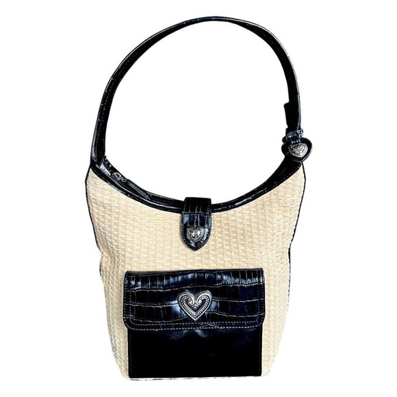 Raffa Straw & Black Crocodile Animal Print Vegan Leather Handbag Silver Hearts - Picture 1 of 13